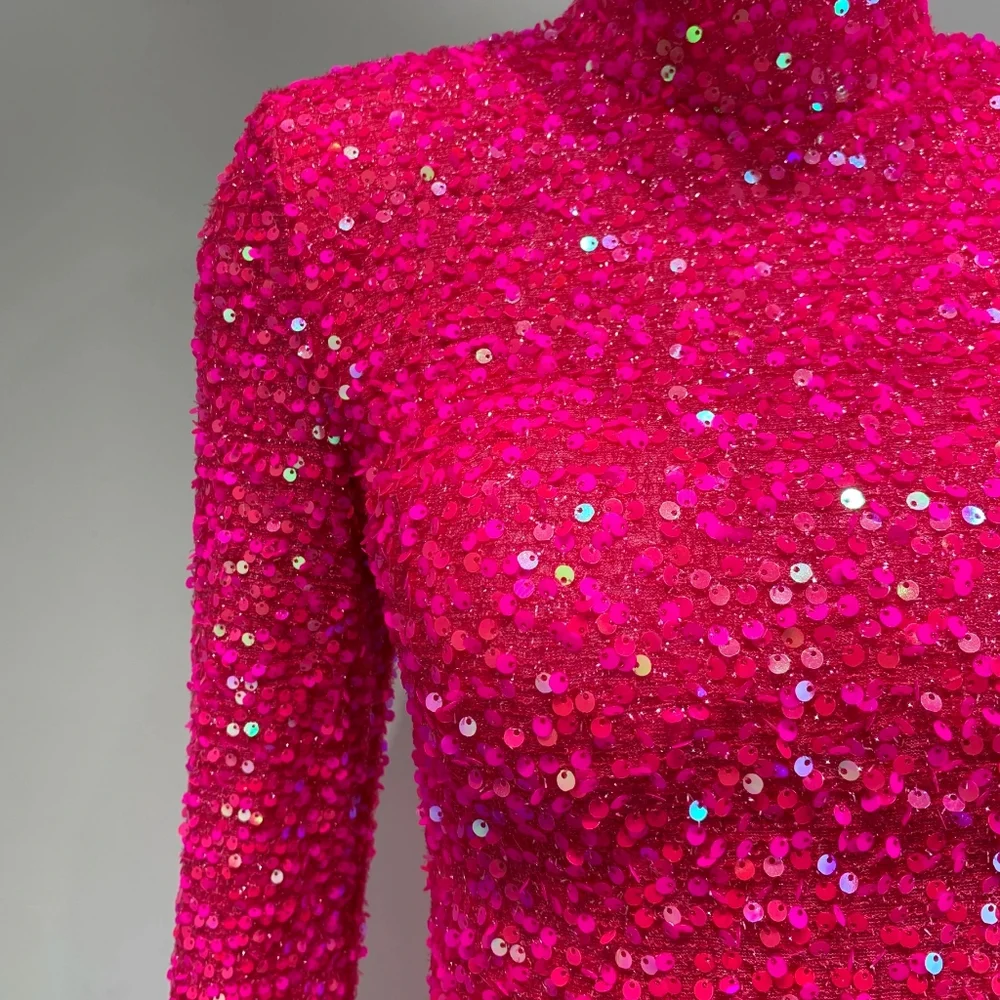 Women Luxury Sexy Long Sleeve Backless Sequins Sparkly Hot Pink - Picture 3 of 8